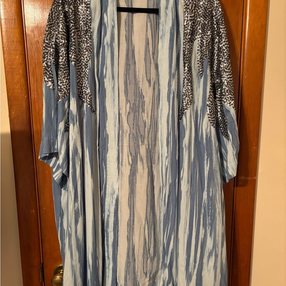 Haute Hippie Blue and White Kimono with Sequin Shoulder Details